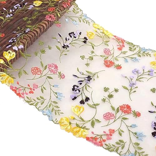 Yurosaiy 3 Yard Blumen Bestickte Spitzenborte 23cm Breite Transparente Tüll Stickerei Spitzen Bunt Blume Blatt Mesh Stickerei Spitzenbesatz Vintage Spitzenband Spitzenbordüre Zum Nähen Beige von Yurosiay