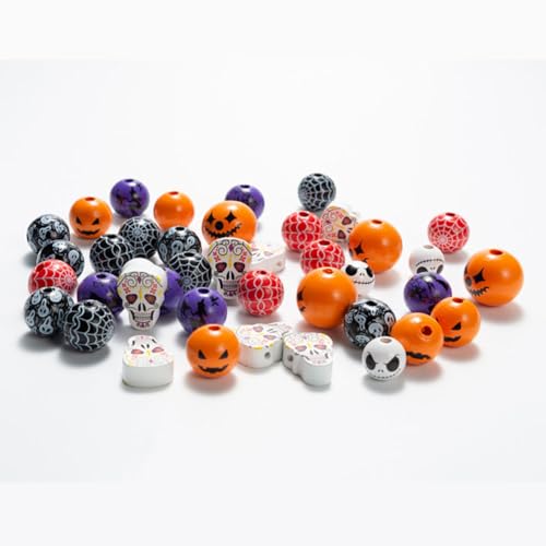 Yurosiay 60 Halloween-Dekorationsperlen aus Holz mit Löchern 20 mm farbige Holzperlen mit Totenkopf- Hexen- und Spinnennetz-Motiven auffädelbare Bastelperlen für DIY-Projekte Farbmischung von Yurosiay