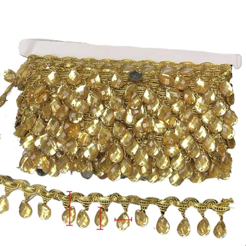 Yurosiay Bunt Perlen Fransenborte 1Yard×3.5cm Glitzer Perlen Strass Fransenbesatz Geflochtene Hängende Acryl Perlen Quastenbesatz Vintage Bauchtanz Quaste Borte Tanzfransen Nähen Gold von Yurosiay