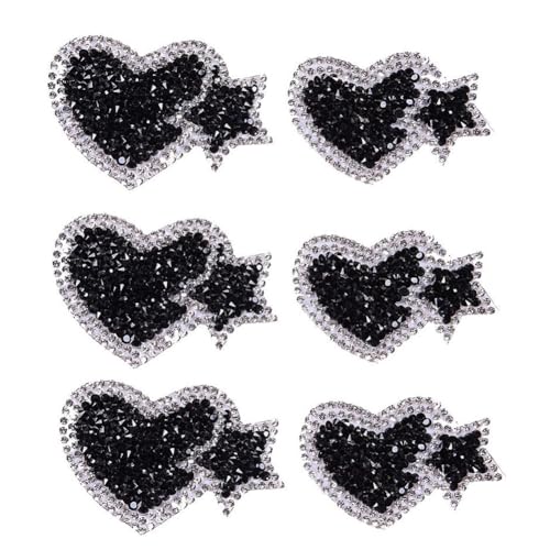 Yurosiay Strass Herz Aufbügel Patches 6 Stück Groß Schwarz Sterne Herz Strass Bügelbilder DIY Strass Aufbügelflicken Glitzer Strass Applikation zum Aufbügeln Strass Aufnäher für Kleid 6.8×4.4cm von Yurosiay