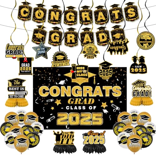 YushengTai Abschluss Deko, Abschlussfeier Deko 2025, Abitur Bachelor Deko, Schulabschluss 2025 Deko, Schwarz Gold Graduation Deko mit Congratulations Banner YushengTai Abschluss Deko, Abschlussfeier Deko 2025, Abitur Bachelor Deko, Schulabschluss 2025 Deko, Schwarz Gold Graduation Deko mit Congratulations Banner von YushengTai