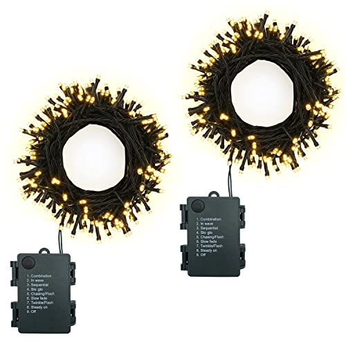 Lichterkette Batterie mit Timer 2 Stück 10m 100LEDs Außen Lichterkette Batteriebetrieben mit 8 Modi, Innen Lichterkette mit Akku für Weihnachten Halloween Garten Balkon Hochzeit Deko DIY, Warmweiß von Yusinjoy