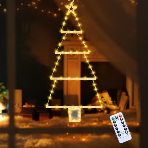 Beleuchtet LED Fensterdeko Weihnachtsbaum, LED Fensterdeko Tannenbäume Beleuchtung, 8 Lichtmodi mit Timer, Batteriebetriebene, Weihnachtsbaum Leiter Lichterkette (Warm white light,67CM) von YuuFcy