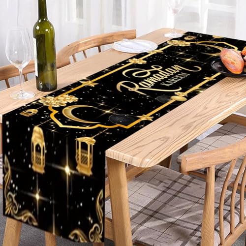 RamadanTischläufer Mehrfarbig 35 x 180 cm Ramadan Leinen Tischdecke Muslim Islamische Iftar Tischdecke Deko mit Gold Stern Mond Laterne Moschee für Tisch Dekoration Drinnen Urlaub Party (Schwarz) von YuuFcy