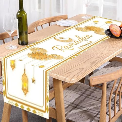 RamadanTischläufer Mehrfarbig 35 x 180 cm Ramadan Leinen Tischdecke Muslim Islamische Iftar Tischdecke Deko mit Gold Stern Mond Laterne Moschee für Tisch Dekoration Drinnen Urlaub Party (Weiß) von YuuFcy