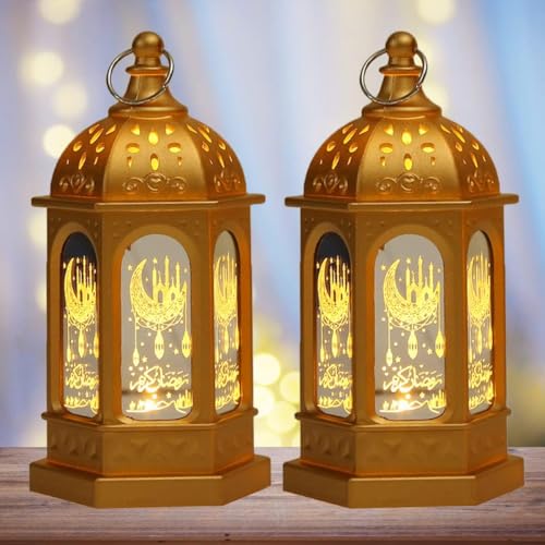YuuFcy 2 Stücke Ramadan Dekoration Laterne, Ramadan Deko Lampe, Ramadan Deko Licht Vintage Laterne Deko, Eid Mubarak Laterne Mond Stern Dekoration, für Ramadan Muslimische (Gold) von YuuFcy