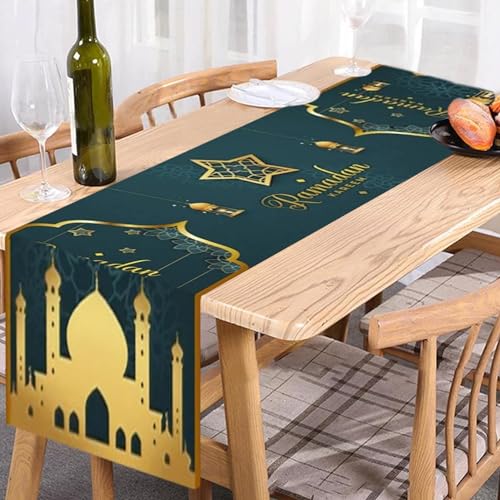YuuFcy RamadanTischläufer Mehrfarbig 35 x 180 cm Ramadan Leinen Tischdecke Muslim Islamische Iftar Tischdecke Deko mit Gold Stern Mond Laterne Moschee für Tisch Dekoration Drinnen Urlaub Party (Grün) von YuuFcy