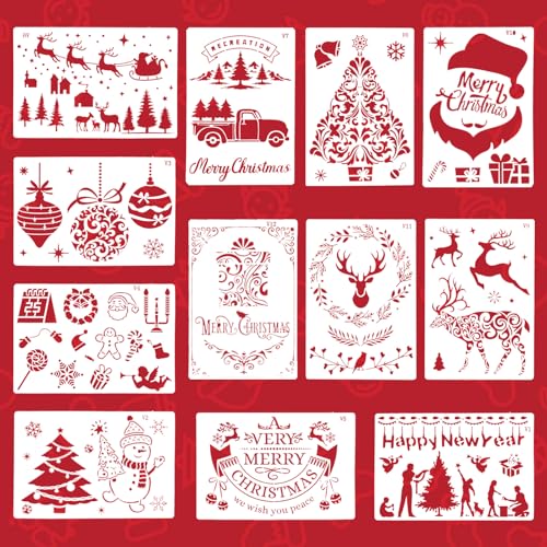12 Stück Schablonen Weihnachten Set, Weihnachtsschablonen Schneespray Fenster Schablone Malschablonen Zeichenschablonen Wiederverwendbar für Sprühschnee Malen Basteln Weihnachtsdekoration Karten DIY von Yuuchoringee