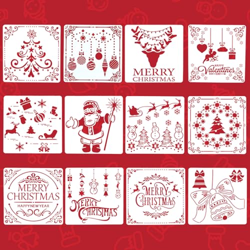 12 Stück Schablonen Weihnachten Set, Weihnachtsschablonen Zeichenschablonen Schneespray Fenster Schablone Malschablonen Wiederverwendbare für Sprühschnee Karten Scrapbooking Weihnachtsdeko Basteln DIY von Yuuchoringee
