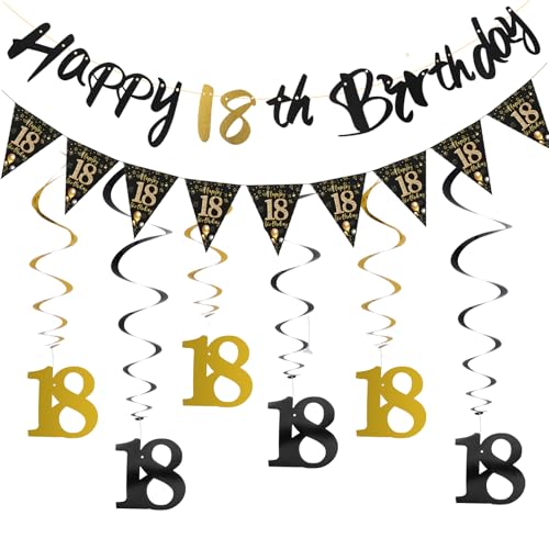 18 Geburtstag Deko Set mit Happy Birthday Banner und Girlande Spiralen, Schwarz Gold Geburtstagsdeko Jungen Party Deko 18. Geburtstag Junge, Hängedeko für Mädchen Männer Frauen Party von Yuuchoringee