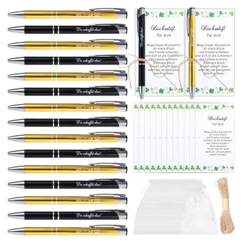 24 Sets Glücksstift Kugelschreiber mit Spruchkarten & Organzasäckchen, Schwarz-Gold Glücksbringer Prüfung Geschenk, Dankeschön Geschenke für Schüler von Lehrern, Abschiedsgeschenk Schüler Kollegen von Yuuchoringee