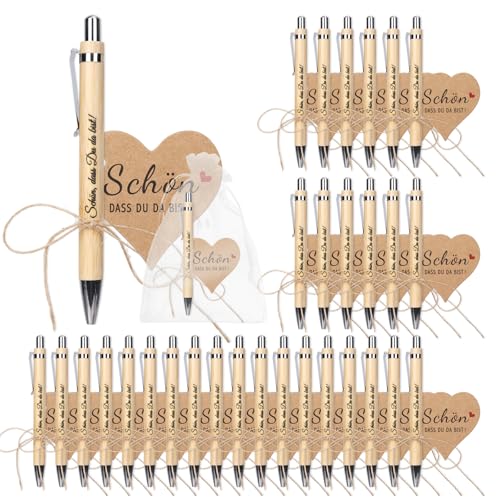 30 Sets Gastgeschenke Hochzeit, Dankeschön Geschenke Kugelschreiber Holz, Schön dass du da bist Geschenke Stifte, Danke Karte und Organzabeutel, Perfekte Gastgeschenke für Taufe, Kommunion, Geburtstag von Yuuchoringee