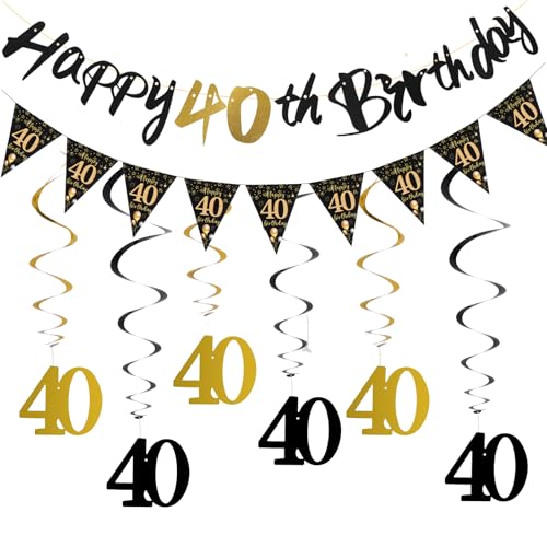 40 Geburtstag Deko Set, Schwarz Gold Geburtstagsdeko Party Deko 40 Geburtstag Mann Frauen mit Happy Birthday Banner und Girlande Spiralen für Damen und Herren Geburtstagsfeier von Yuuchoringee