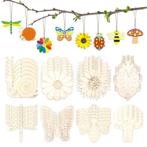 48 Stück Holztiere zum Bemalen, HolzanhäNger zum Bemalen, Holztiere mit LöChern und Seilen, Holzbasteln in Form Von Schmetterling, Libelle, Schnecke und Blume von Yuuchoringee