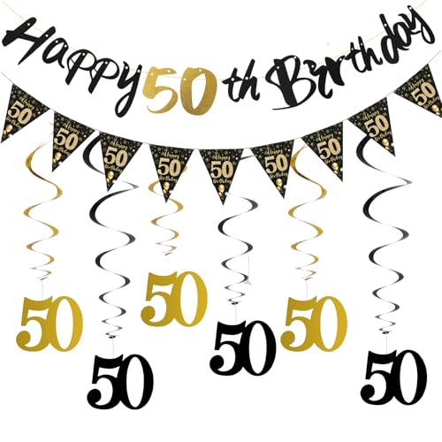 50 Geburtstag Deko für Männer und Frauen, Schwarz Gold Geburtstagsdeko Frauen Happy Birthday Banner Girlande Spiralen Luftschlangen, Goldene Hochzeit Deko 50. Geburtstag Mann Frau Geburtstagsgirlande von Yuuchoringee