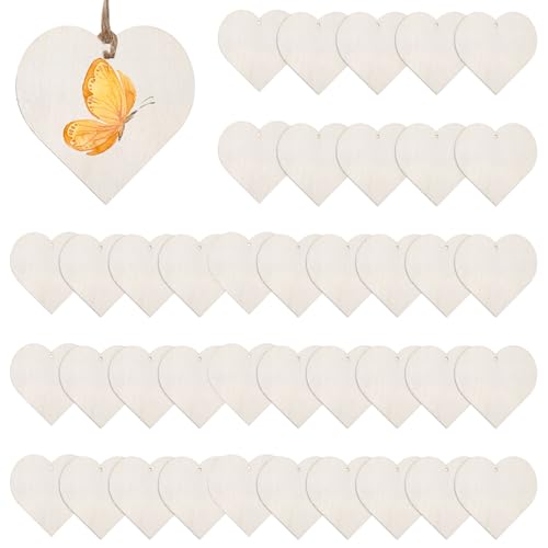 50 Stück 5cm Holzherzen zum Beschriften, Holzherzen zum Bemalen, Holzherz Dekoration Hochzeit, Unbehandelt, mit Löchern, Jahrestag, Geschenkanhänger, Basteln von Yuuchoringee
