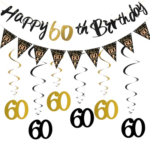 60 Geburtstag Deko Set mit Happy Birthday Banner und Girlande Spiralen, Edle Geburtstagsdeko Schwarz Gold Party Deko 60 Geburtstag Mann Frau für Männer Frauen 60. Geburtstagsfeie von Yuuchoringee