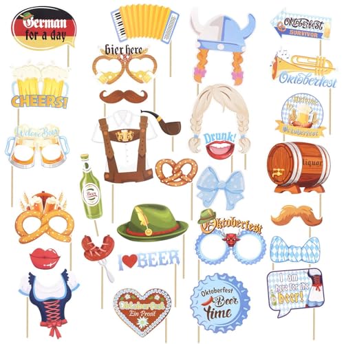 Oktoberfest Foto Requisiten Set, 30 Stück Oktoberfest Accessoires Deko Bayrische Lustige Fotobox Accessoires für Bier, Brezel, Dirndl, Hut und Schnurrbart für Feierlichkeiten, Selfies und Gruppenfotos von Yuuchoringee