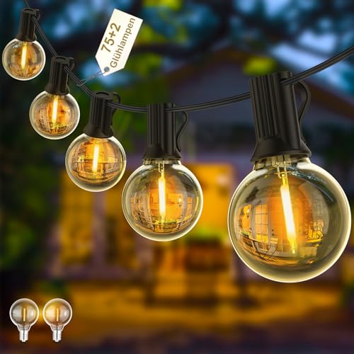 Yuusei Lichterkette Außen, 45,7M LED Lichterkette Outdoor 75 Birnen mit 2 Ersatzbirnen Warmweiß, IP45 Wasserdichte G40 Lichterkette Innen Aussenbeleuchtung für Garten, Balkon, Hochzeit, Terrasse von Yuusei