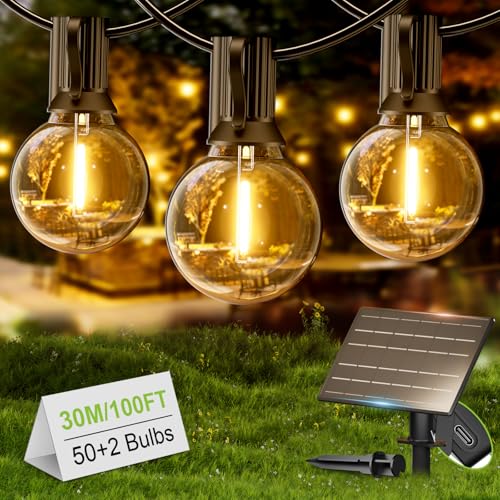 Yuusei Solar Lichterkette Aussen, 30M LED Lichterkette Außen Glühbirne, 50+2 Warmweiß G40 Birnen Wasserdicht 4 Modus Outdoor Lichterkette für Outdoor, Party, Hochzeit, Terrasse und Innen von Yuusei