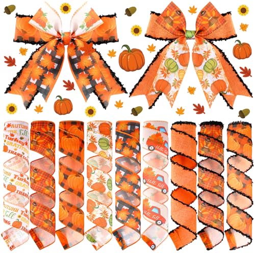 Yuxung 9 Rollen 45 Meter Band mit Drahtrand für Kränze, Schleifendruck, Bastelband, Juteband für Party-Dekorationen, Bastelbedarf, Geschenk (Kürbis) von Yuxung