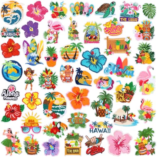 Yuxung Hawaii-Aufnäher zum Aufbügeln, Motiv: Hawaii, Meer, Strand, tropische Blume, Stickerei, Aufnäher, bunt, Sommer, Nähflicken für Rucksack, Hüte, Kleidung, Jacken, Jeans, DIY-Emblem-Zubehör, 48 von Yuxung