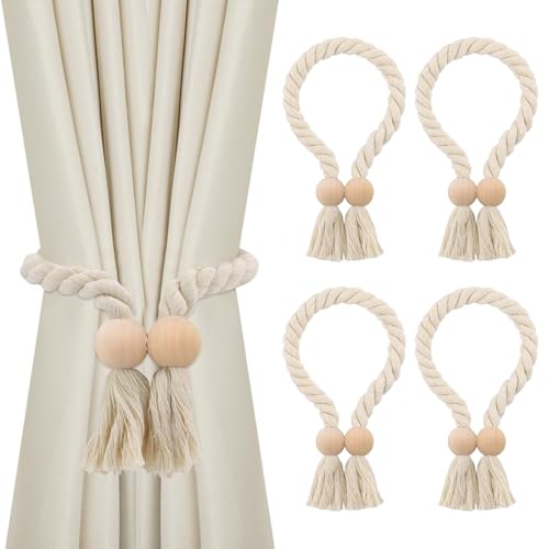 Yuyueda 4 Stück Magnetische Vorhang Raffhalter, Gardinenhalter Vorhanghalter, Gardinenraffer aus Holz Boho, Gardinen Raffhalter, Baumwollseil, Raffhalter für Gardinen Home Büro Gardinen Deko von Yuyueda