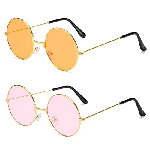 2 Stück Hippie-Sonnenbrillen, runde Metallrahmen, Retro-Sonnenbrille, Vintage-Stil, runde Hippie-Brillen, Festival-Sonnenbrillen, Diskobrillen, Kostüme, Sonnenbrillen, farbige Gläser von YuZhou