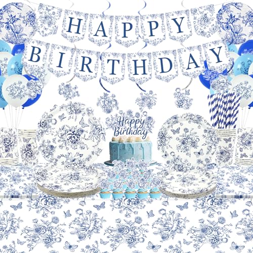 Blaue Blumengeburtstagsbedarf, einschließlich Happy Birthday Banner, Teller, Tassen, Servietten, Tischdecke, Luftballons, Strohhalme, für Geburtstag Hochzeit Chinoiserie Party Dekoration Serves 20 Blaue Blumengeburtstagsbedarf, einschließlich Happy Birthday Banner, Teller, Tassen, Servietten, Tischdecke, Luftballons, Strohhalme, für Geburtstag Hochzeit Chinoiserie Party Dekoration Serves 20 von Ywediim
