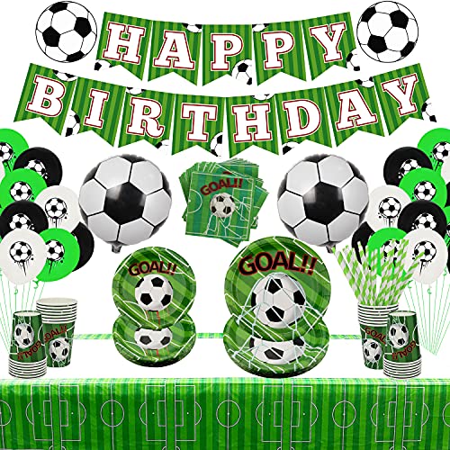 Dekorationen für Fußball-Geburtstagsfeiern für 20 Gäste, einschließlich Banner für Fußball-Geburtstagsfeiern, Essteller, Dessertteller, Tassen, Servietten, Tischdecken, Luftballons, Strohhalme von Ywediim