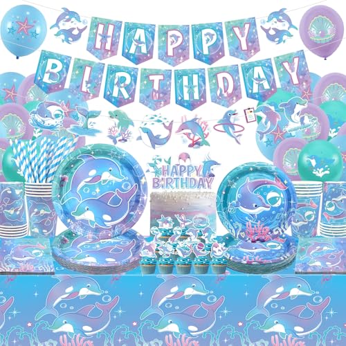 Delfin Party Dekorationen, einschließlich Banner, Teller, Cupcake-Topper, Servietten, Tassen, Tischdecken, für Delfin Themen Geburtstag, Babyparty, Partyzubehör (Banner) von Ywediim