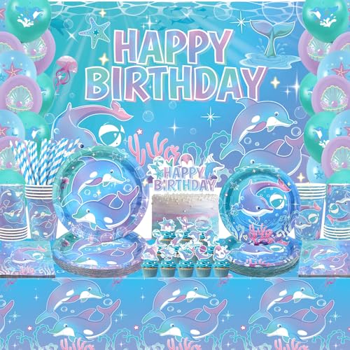 Delfin-Party-Dekorationen, inklusive Hintergrundbanner, Teller, Cupcake-Topper, Servietten, Tassen, Tischdecken, für Delfin, Geburtstag, Babyparty, Partyzubehör (Hintergrund) von Ywediim