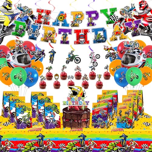 Dirt Bike Geburtstagsdekoration, inklusive Happy Birthday Banner, Cake Topper, hängende Wirbel, Luftballons, Party Gif Taschen, Tischdecke, für Kinder Jungen Mädchen Motorrad Extremsport Dirt Bike Geburtstagsdekoration, inklusive Happy Birthday Banner, Cake Topper, hängende Wirbel, Luftballons, Party Gif Taschen, Tischdecke, für Kinder Jungen Mädchen Motorrad Extremsport von Ywediim