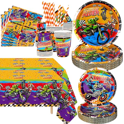 Dirt Bike Party Supplies, enthält Teller, Serviette, Becher, Gabeln, Tischdecke, für Kinder Jungen Mädchen Motorrad Extremsport Geburtstag Dekorationen, Serve 40 (Serve 40) von Ywediim