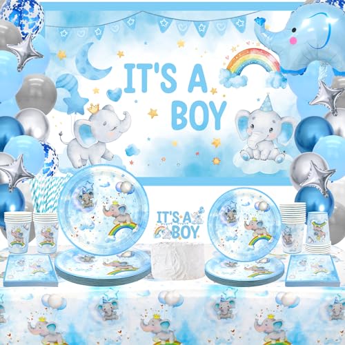 Elefant Baby Shower Deko Partygeschirr 20 Personen, IT"S a BOY Kulisse, Teller, Cupcake Topper, Servietten, Tassen, Tischdecken, blaue Ballonbogen Kit, für Kinder Baby Dusche Geburtstag Party Deko von Ywediim