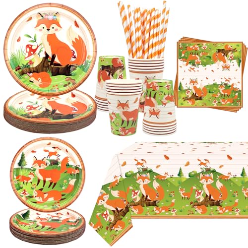 Fox Birthday Party Supplies, Includes Plates, Napkins, Cups, Straws, Tablecloths, for Girl Boy Fox Theme Baby Shower Birthday Party Decorations von Ywediim