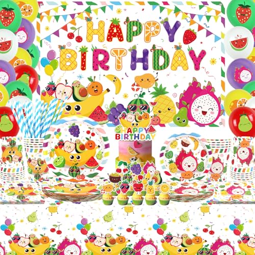 Obst Geburtstagsparty Zubehör, beinhaltet Happy Birthday Hintergrund, Teller, Cupcake Toppers, Servietten, Tassen, Tischdecken, für Sommer Obst Geburtstagsparty Zubehör serviert 20 (Set A) von Ywediim