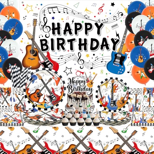 Gitarre Geburtstag Party Supplies Set, enthält Happy Birthday Hintergrund, Teller, Tischdecke, Tassen, Ballon und Strohhalme, für Musikinstrument Babyparty Supplies von Ywediim