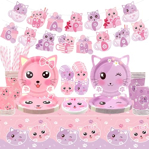 Katzengeburtstags-Partyzubehör-Set, Kätzchen-Geschirr enthält Happy Birthday-Banner, Teller, Tischdecke, Tassen und Strohhalme für Kinder, Katzenparty-Dekorationen, für 20 Gäste Katzengeburtstags-Partyzubehör-Set, Kätzchen-Geschirr enthält Happy Birthday-Banner, Teller, Tischdecke, Tassen und Strohhalme für Kinder, Katzenparty-Dekorationen, für 20 Gäste von Ywediim