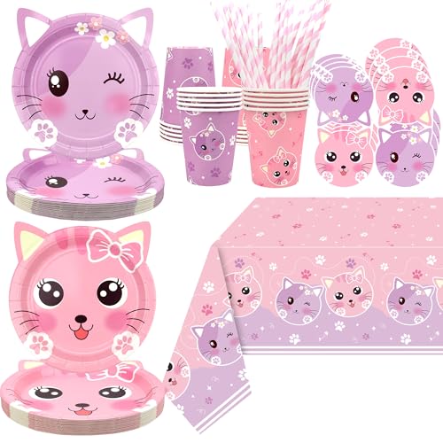Katzengeburtstags Partyzubehör Set, Kätzchen Teller, Tischdecke, Tassen und Strohhalme für Kinder, Katzenparty-Dekorationen, für 20 Gäste Katzengeburtstags Partyzubehör Set, Kätzchen Teller, Tischdecke, Tassen und Strohhalme für Kinder, Katzenparty-Dekorationen, für 20 Gäste von Ywediim