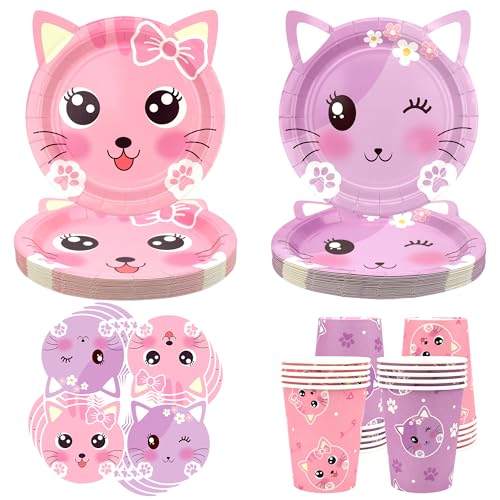 Katzengeburtstagsparty-Zubehör-Set, Kätzchen-Geschirr enthält Teller, Servietten, Becher für Kinder, Katzenparty-Dekorationen, für 20 Gäste (Stil A) von Ywediim