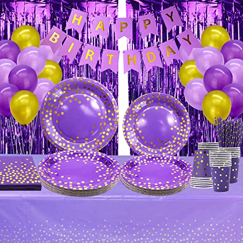 Lila Party Supplies Lila und Gold Dekorationen Set 25 Gäste, einschließlich Teller, Becher, Servietten, Strohhalme, Banner, Tischdecken, Folienvorhänge, für Hochzeit Abschluss Karneval Lila Party Supplies Lila und Gold Dekorationen Set 25 Gäste, einschließlich Teller, Becher, Servietten, Strohhalme, Banner, Tischdecken, Folienvorhänge, für Hochzeit Abschluss Karneval von Ywediim