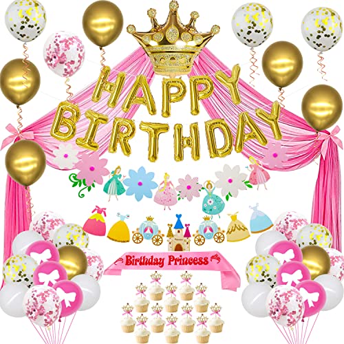 Mädchen Prinzessin Geburtstagsdeko,Bringen Tüll Hintergrund, Happy Birthday Banner,Luftballons, Schärpe, Tortenaufsatz, Prinzessin Kronen Luftballons, Passend für Mädchen Geburtstagsdekorationen von Ywediim