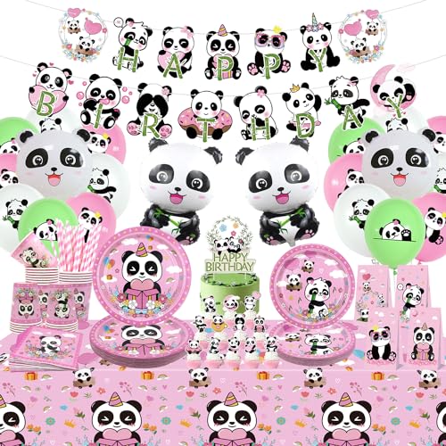Panda-Geburtstagsparty-Zubehör, einschließlich Happy Birthday Banner, Teller, Servietten, Luftballons, Tassen, Geschenktüten, Tischdecke, für Panda-Themen-Geburtstagsparty-Dekorationen für 20 Gäste von Ywediim