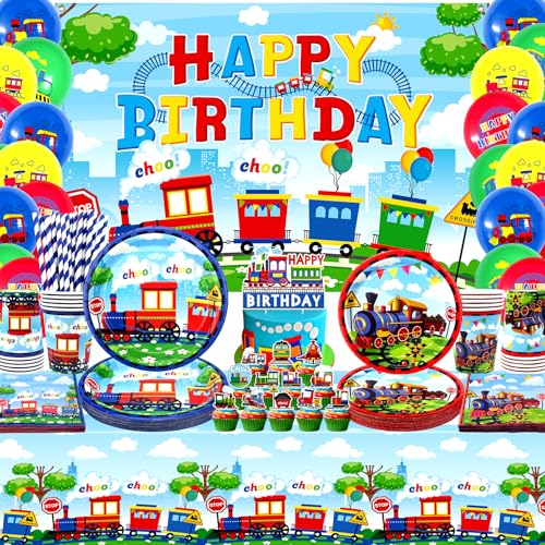 Partydekorationen mit Zug, inklusive Happy Birthday-Hintergrund, Teller, Cupcake-Topper, Servietten, Tassen, Tischdecken, für Zug-Party, Fahrzeug-Partyzubehör (Hintergrund) von Ywediim