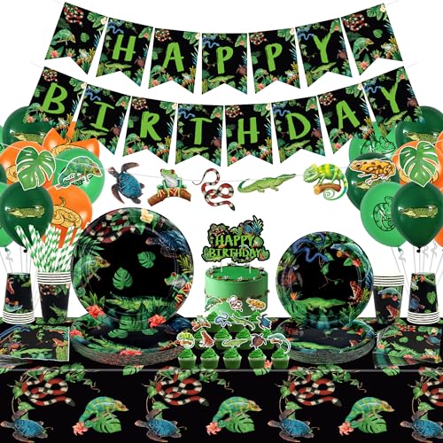 Reptilien-Geburtstagsparty-Zubehör, einschließlich Happy Birthday-Banner, Teller, Servietten, Luftballons, Tassen, Kuchendekoration, Tischdecke, für Babyparty-Dekorationen, Kinder, Jungen, Mädchen Reptilien-Geburtstagsparty-Zubehör, einschließlich Happy Birthday-Banner, Teller, Servietten, Luftballons, Tassen, Kuchendekoration, Tischdecke, für Babyparty-Dekorationen, Kinder, Jungen, Mädchen von Ywediim