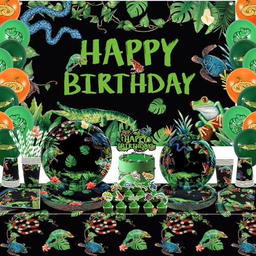 Reptilien-Geburtstagsparty-Zubehör, einschließlich Happy Birthday-Banner, Teller, Servietten, Luftballons, Tassen, Kuchendekoration, Tischdecke, für Babyparty-Dekorationen, Kinder, Jungen, Mädchen Reptilien-Geburtstagsparty-Zubehör, einschließlich Happy Birthday-Banner, Teller, Servietten, Luftballons, Tassen, Kuchendekoration, Tischdecke, für Babyparty-Dekorationen, Kinder, Jungen, Mädchen von Ywediim