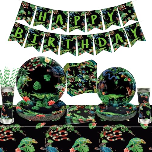 Reptilien-Geburtstagsparty-Zubehör, einschließlich Happy Birthday-Banner, Teller, Servietten, Luftballons, Tassen, Kuchendekoration, Tischdecke, für Babyparty-Dekorationen, Kinder, Jungen, Mädchen Reptilien-Geburtstagsparty-Zubehör, einschließlich Happy Birthday-Banner, Teller, Servietten, Luftballons, Tassen, Kuchendekoration, Tischdecke, für Babyparty-Dekorationen, Kinder, Jungen, Mädchen von Ywediim