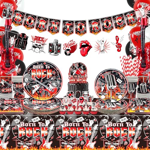 1950er Jahre Rock and Roll Musik Party Supplies, Born to Rock Banner, Teller, Servietten, Tischdecke, Hängende Wirbel, Kuchendekorationen, Luftballons, für Partydekorationen 1950er Jahre Rock and Roll Musik Party Supplies, Born to Rock Banner, Teller, Servietten, Tischdecke, Hängende Wirbel, Kuchendekorationen, Luftballons, für Partydekorationen von Ywediim