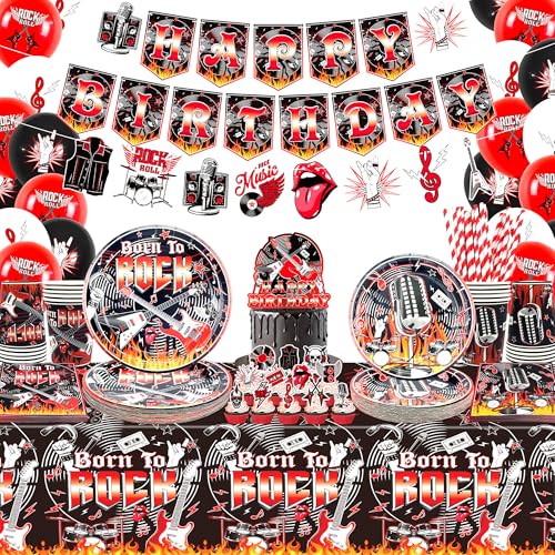 Rock and Roll Partydekorationen, einschließlich Happy Birthday Banner, Teller, Servietten, Tischdecke, hängende Wirbel, Kuchenaufsätze, Luftballons, Tischdecken, für Rockmusik-Mottoparty-Zubehör Rock and Roll Partydekorationen, einschließlich Happy Birthday Banner, Teller, Servietten, Tischdecke, hängende Wirbel, Kuchenaufsätze, Luftballons, Tischdecken, für Rockmusik-Mottoparty-Zubehör von Ywediim